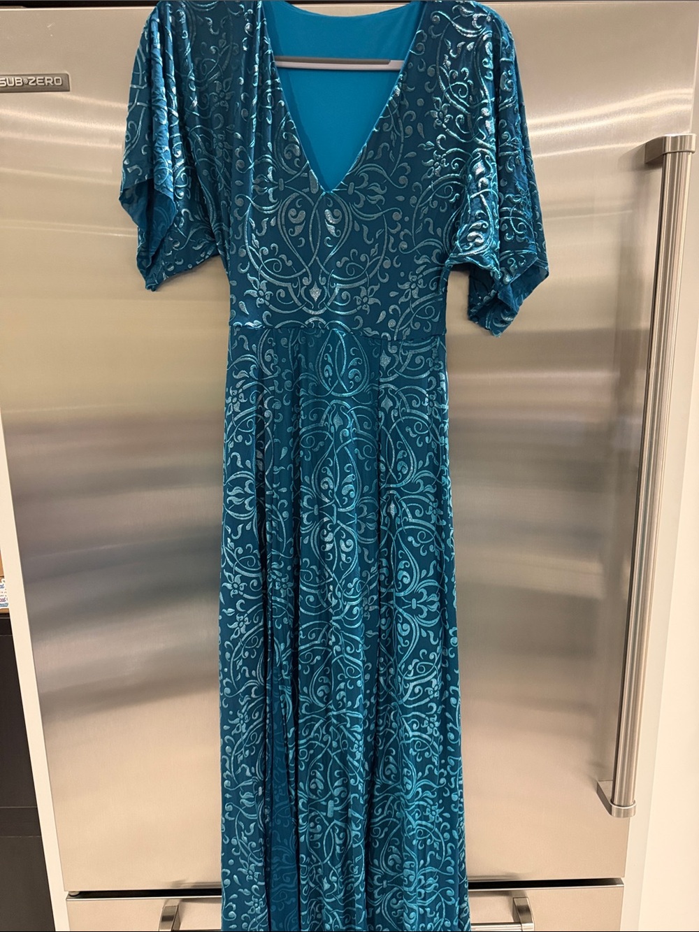 Blackmilk Teal Scroll-Pattern V-Neck Maxi Dress